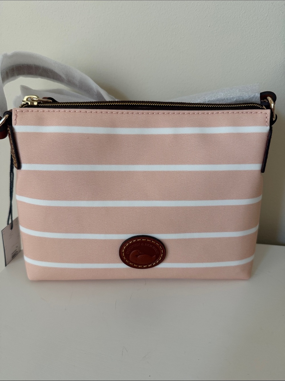 Dooney & Bourke Pink and White Striped Pebble Crossbody Bag NWT - Picture 2 of 6